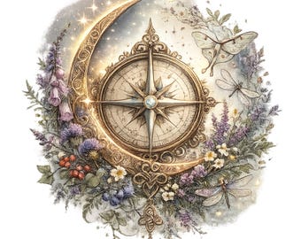 Celestial Compass PNG Sublimation, Watercolor Moon, Luna Moth, Wildflower Botanical Art (Digital Download)