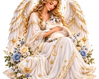 Angel With Cat PNG, Guardian Angel Sublimation Design, Heavenly Cat Lover Clipart, Spiritual Digital Download
