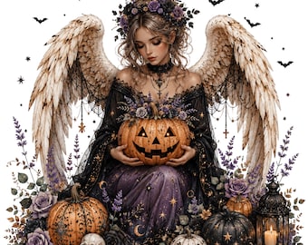 Gothic Halloween Angel PNG, Celestial Pumpkin Design, Spooky Witch Clipart (Digital Download)