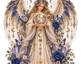 Guardian Angel PNG, Celestial Angel Sublimation, Moon Phase Spiritual PNG, Crystal Floral Angel Design