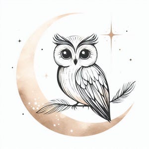 Clipart hibou png et jpg, aquarelle Clipart hibou sur le croissant de lune png fond transparent jpg 300dpi haute résolution