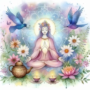 Meditatieafbeelding Enchanted Serenity Grillige meditatie in de natuur aquarel png jpg pdf 300 dpi hoge resolutie commercieel gebruik