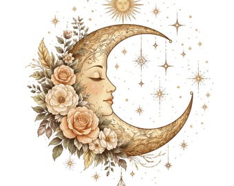 Celestial Moon Face Art Print, Vintage Boho Floral Lunar Goddess Illustration (300 DPI)