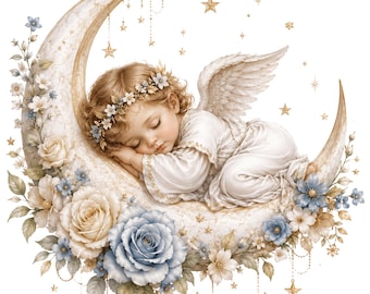 Sleeping Angel Clipart, Floral Crescent Moon, Celestial Baby Design (PNG)