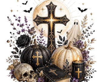Spiritual Halloween PNG Gothic Cross Pumpkin Ghost Sublimation Design Christian Autumn Clipart