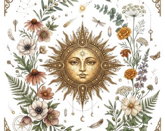 Celestial Sun PNG, Boho Botanical Art, Vintage Floral Design (Digital Download)