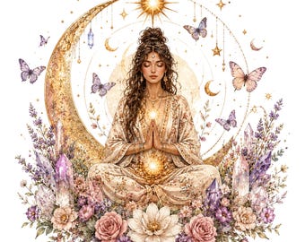 Spiritual Meditation PNG, Celestial Goddess Sublimation, Crystal Moon Woman Design, Boho Yoga Printable