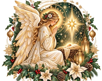 Christmas Guardian Angel PNG, Nativity Sublimation Design, Gold Angel (Digital Download)