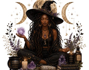 Mystical Goddess Witch PNG, Moon Magic Clipart, Boho Pagan Artwork (Instant Download)