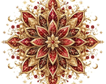 Red Gold Celestial Mandala PNG, Ornate Floral Clipart (Digital Download)