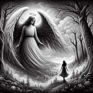 Guardiano celeste nella foresta del crepuscolo Incontro angelico Stampa artistica 20x20 pollici 300 dpi Alta risoluzione uso commerciale gratuito
