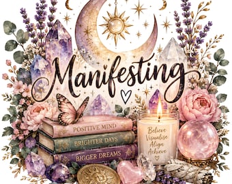 Manifesting Crystal Moon PNG, Celestial Spiritual Art (Digital Download)