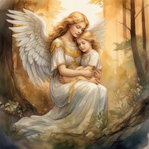 Arte murale dell'Angelo Custode - Madre angelica e bambino nel santuario della foresta 20 x 20 in jpg 300 dpi alta risoluzione uso commerciale gratuito