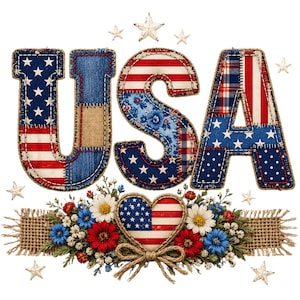 USA Patchwork Letters PNG Sublimation Design, Patriotic Americana Red White Blue Quilt Style, Fourth of July T-Shirt Print Download