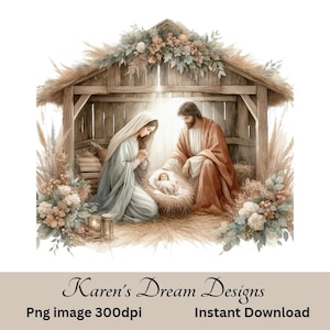 May include: Watercolor illustration of the Nativity scene. Mary and Joseph are depicted in a stable, with the baby Jesus in a manger. The artwork features soft colors, floral accents, and the text "Karen's Dream Designs".
