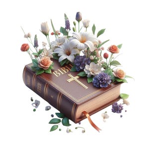 Bijbel clipart: clipartbijbel versierd met prachtige bloemen, vintage Faith Aesthetic Christian Art png-bestand 300dpi gratis commercieel