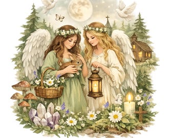 Woodland Angels PNG, Cottagecore Bunny Lantern Watercolor Art (Digital Download)