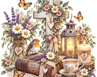 Christian Cottagecore PNG – Faith Floral Cross & Bible Sublimation