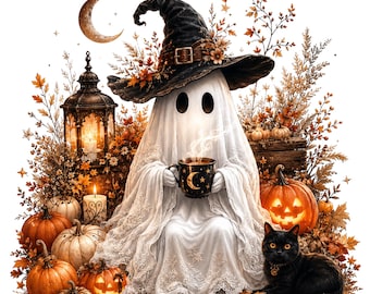 Spiritual Halloween Ghost PNG, Witchy Autumn, Celestial Black Cat Art (Digital Download)