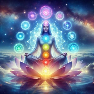 Chakra-meditatie op kosmische lotus spirituele verlichting kunst geformatteerd voor een jpg-afdruk van 20 x 20 inch, 300 dpi met hoge resolutie