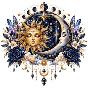 Op de afbeelding: Een cirkelvormige illustratie met een gouden zongezicht en een zilveren maansikkelgezicht, omringd door donkerblauwe rozen, witte bloemen en paarse kristallen. Het ontwerp bevat een maanfasencyclus, gouden kettingen en sterren.