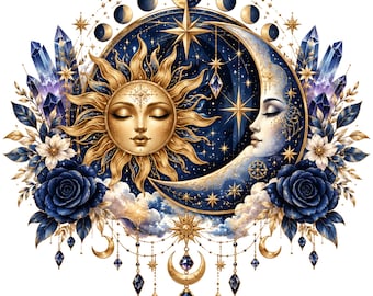 Celestial Sun Moon PNG, Mystical Sublimation Design, Navy Gold Celestial Art, Crystal Moon Phases, Spiritual PNG