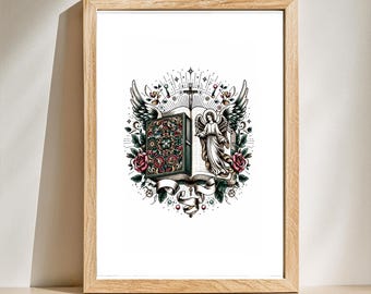 Vintage Christian Angel Printable Art, Open Bible Wall Decor, Religious Digital Download, Faith Inspired Christian Poster
