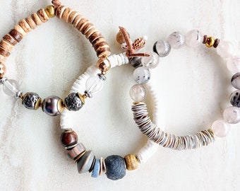 Not Much of an Alibi Stack Bracelet Trio | Recycled Glass, Pearl, Sea Shells, Quartz