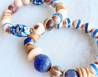 My Blue Eyed Girl Stack Bracelet Trio | Recycled Glass, Several Agates, Bone Beads, Jasper