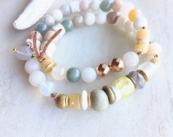 Serenity Washed Over Me Double Wrap Bracelet | Handmade Lampwork Beads, AA Labradorite, Ocean Jaspers, Matte Rose Quartz