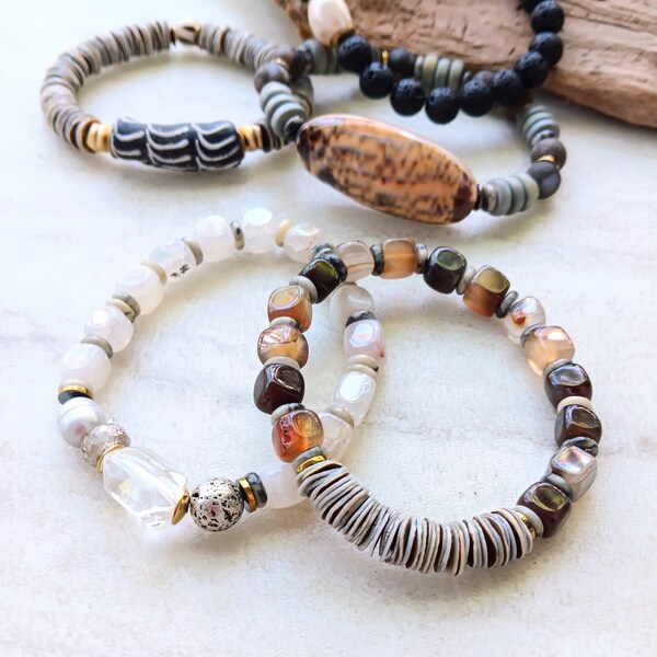 A Stones Throw Away Stack Bracelet | Pearls, Several Agates, Silver Leaf Jasper, Gray Oyster Shell