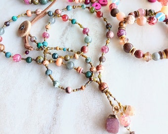 Hot Flash Necklace | Rose Quartz, Russia Cracked Agate, Peach Agate Druzy, Tourmaline