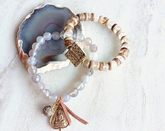 Wise and Peaceful Woman Stack Bracelet Duo | Quartz, Gray Agate, Prayer Bead, and Buddha Pendant