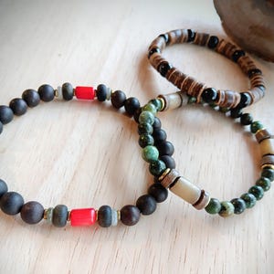Poplar & Pine Men&#39;s Stack Braceletd | African Turquoise, Nut Beads, Natural Wood, Black Agate