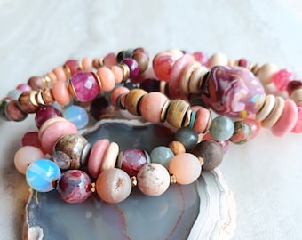 Hot Flash Stack Bracelets | Fushia Crack Agate, Peach Druzy Agate, Aventurine, Opal, Jade