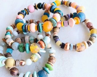 Flea Market Finds Bracelet | Recycled African Glass, Fused Glass, Bone Beads, Mixed Gemstones