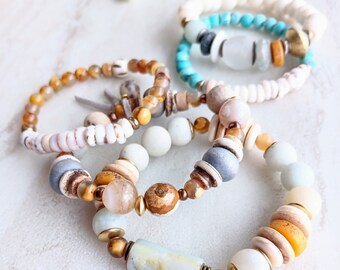 SPLASH Stack Bracelets | Sea Shells, Recycled Glass, Mixed Metals, Amazonite, Moroccon Agate