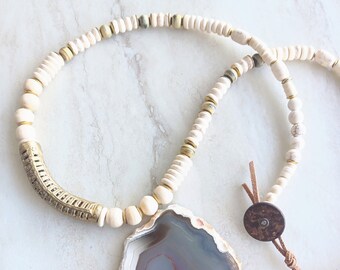 All Gussied Up Necklace | Natural Howlite, Ghana Brass, Bone Beads