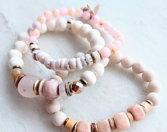 Beach Hat and Barefoot Stack Bracelet | Pink Opal, Sea Shells, Peach Moostone, Riverstone