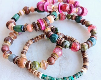 No Bad Vibes Stack Bracelets | Fushia Crack Agate, Sunstone, Recycled Glass, Several Jaspers