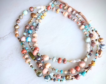 On a Horse Named Dixie Double Strand Necklace | Sunstone, Several Agates and Jaspers, Prehnite, Fresh Water Pearls