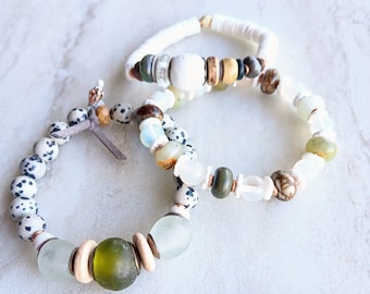 I Just Couldn't Stay Away Stack Bracelet Trio | Recycled Glass, Dalmation Jasper, Opal, Sea Shell