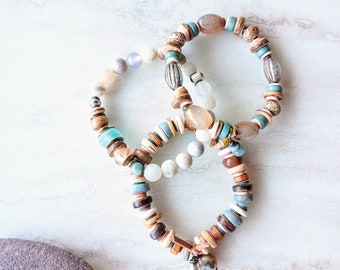 QUICK SALE: Beachcombing Bracelet Trio | Agate, Amazonite, Beach Glass, Czech, Bone Beads