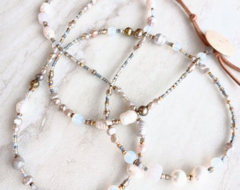 Pearls of Wisdom Extra Long Necklace | Fresh Water Pearls, Iridescent Opal, Cracked Agate