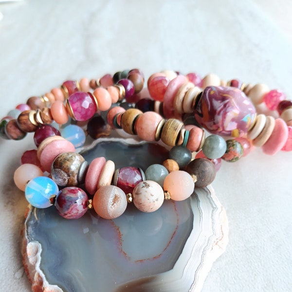 Hot Flash Stack Bracelets | Fushia Crack Agate, Peach Druzy Agate, Aventurine, Opal, Jade