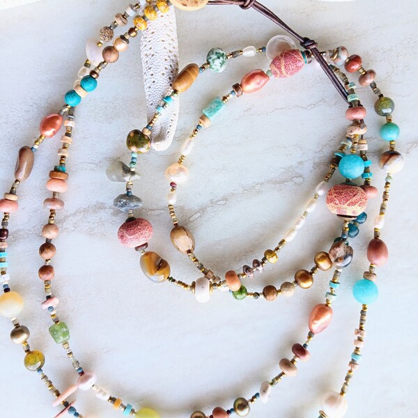 Stop Yelling, It's Not a Ship to Shore Call Necklace | Pebbles from Lake Superior, Coral, Fresh Water Pearls, and Morrocco Agate