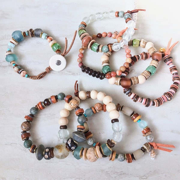 Sunset Salutation Stack Bracelet | Pearls, Labradorite, Moroccon Agate, Ocean Jasper, Sunstone, Laughing Agate