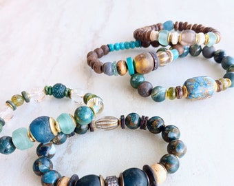 Lust For Life Stack Bracelets | Turquoise, Several Agates, Aqua Calcite, African Recycled Glass