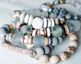 REDUCED Sea Spray Stack Bracelets | African Recycled Glass, Gemstone, Shell