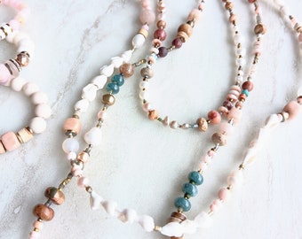 Beach Hat and Barefoot Necklaces | Pink Opal, Peach Moonstone, Pink Druzy, Fresh Water Pearls, Labradorite